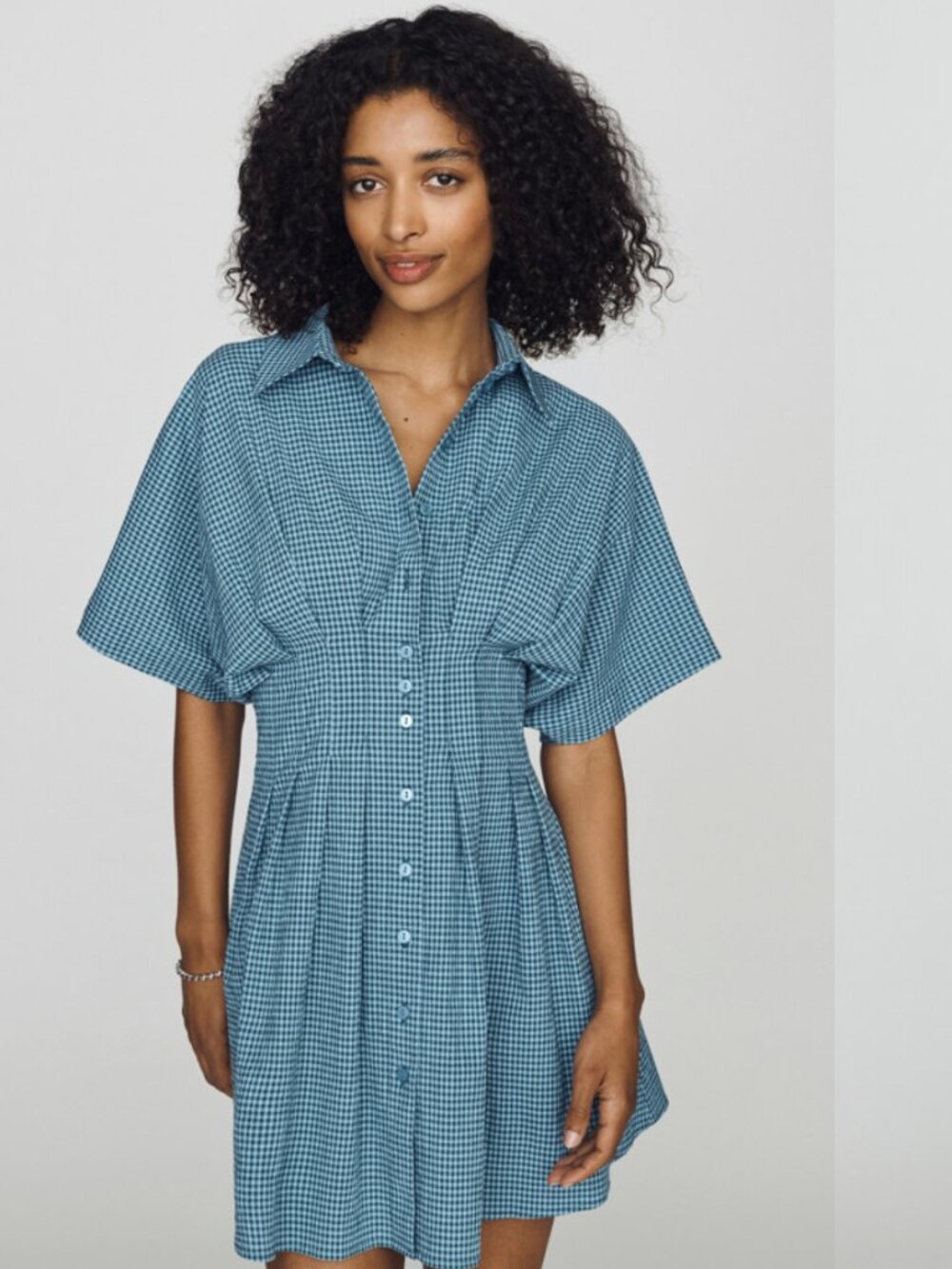 NWOT Anthropologie Exquise Tobie Button-Front Mini Shirt Dress, M, Blue Check